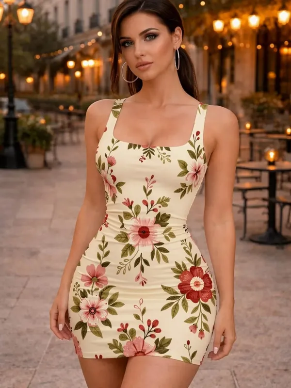 Women Strap Bodycon Mini Dress Square Neck Slim Fit Daily Lounge Travel Casual Elegant Outfit for Lounge Weekend Seaside Outfits — image 11