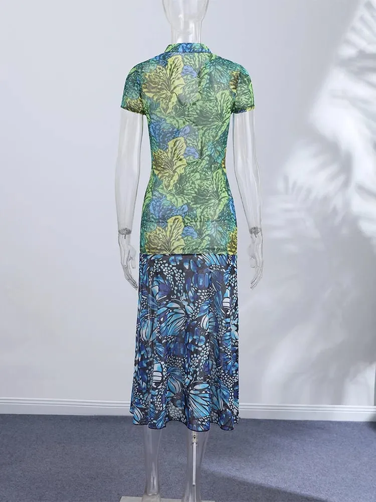 Jungle Butterfly Print Midi Dress Mandarin Collar Cutout Waist High Slit Dress 2026 Summer Festival Night Out Wear Women Vestido