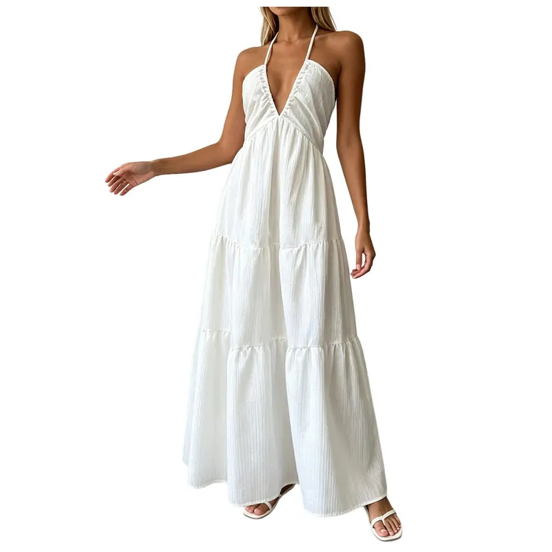 Summer Halter Neck Women's Dress Elegant Chic Wedding Party Beach Dress Backless Flowy Vacation Boho Sling Long Dresses Women