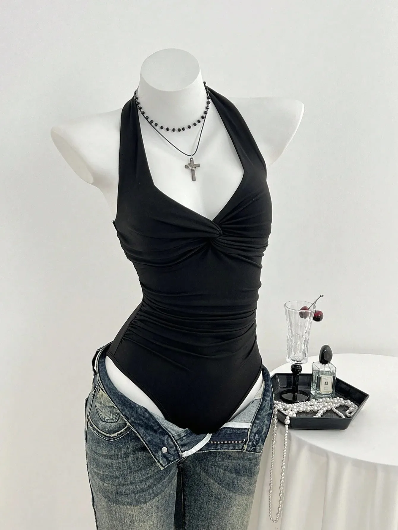Women Halter Deep V Front Twist Knot Ruched Waist Bodysuit Solid Black Sleeveless Slim Fit Y2K Basic Jumpsuit Top