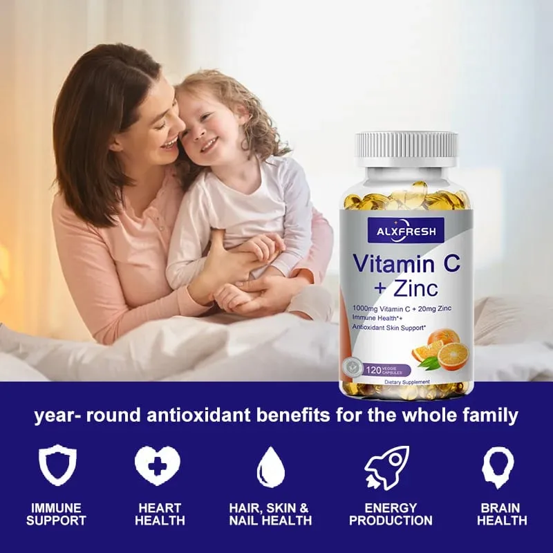Alxfresh C-vitamin 1000mg med zink 20mg | Vitamin kosttilskud | Ikke-GMO og glutenfri vegansk | til immunstøttehætter
