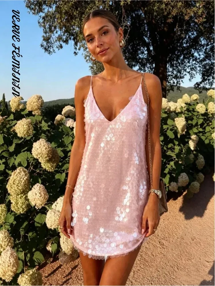 Sequined V-neck Slip Short Dress Women Sexy Spaghetti Strap Sleeveless Backless Shining Slim Dresses Charming Lady Partywear New