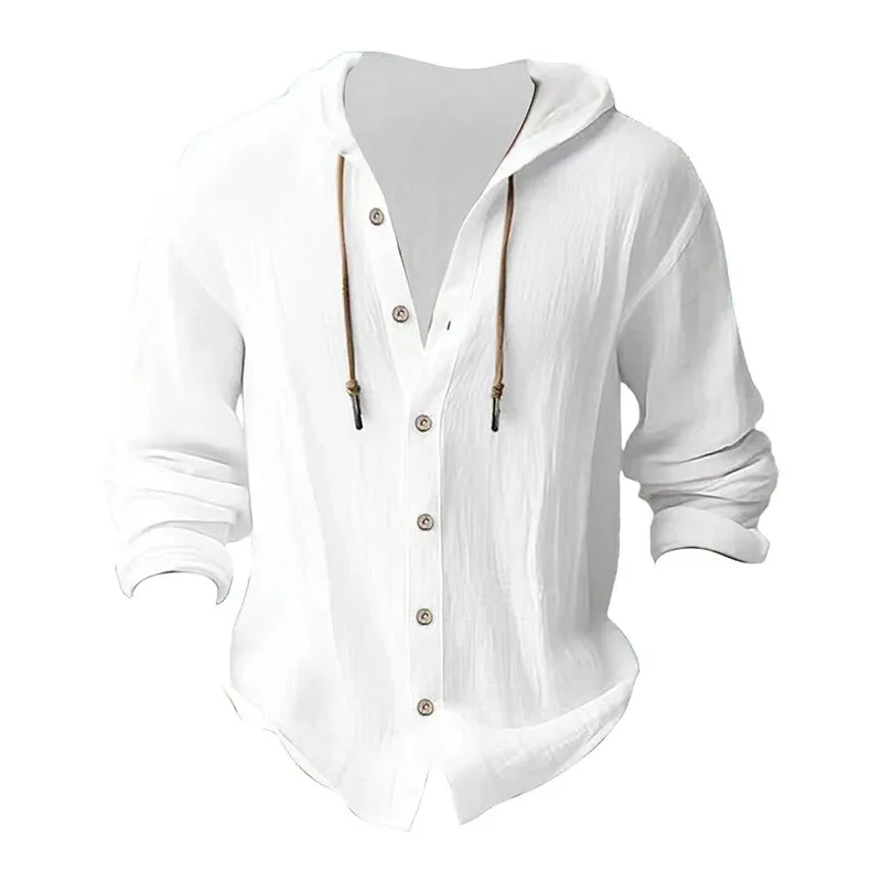 เสื้อเชิ้ตลำลองสีทึบของผู้ชายมีเชือกผูกผ้าฝ้ายและคาร์ดิแกนผ้าลินินอินเทรนด์และอเนกประสงค์หลวมชายหาดเสื้อยืด