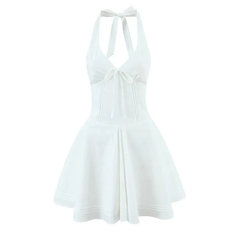 Mini Robe blanche à col licou, Sexy, décolleté en V profond, mode femme, dos nu, ligne a, robes de soirée élégantes, Robe d'été à lacets