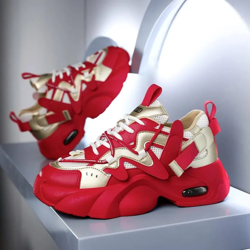 Men's Casual Sneakers with Large Mesh Breathable Upper Metallic Texture and Contrasting Color Stitching and Trendy Webbing Accents. Thick Air-Cushioned Soles Provide Both Height Increase and Shock Absorption Making Them Suitable for Street