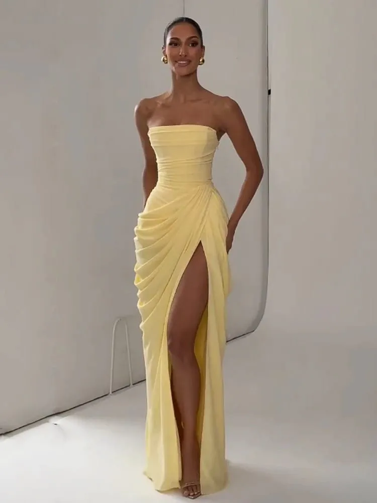 Women Strapless Pleated Long Dress Elegant Solid Split Sleeveless Backless High Waist Slim Fit Maxi Dresses 2026 Lady Party Robe