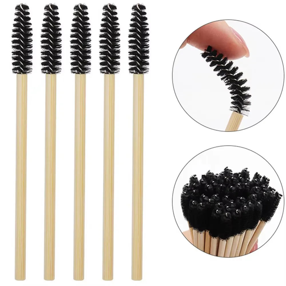 50Pcs Bamboo Handle Eyelash Brushes Mascara Wands Applicator Eye Lashes Extension Brush Eyebrow Spoolie Brushes Makeup Tool