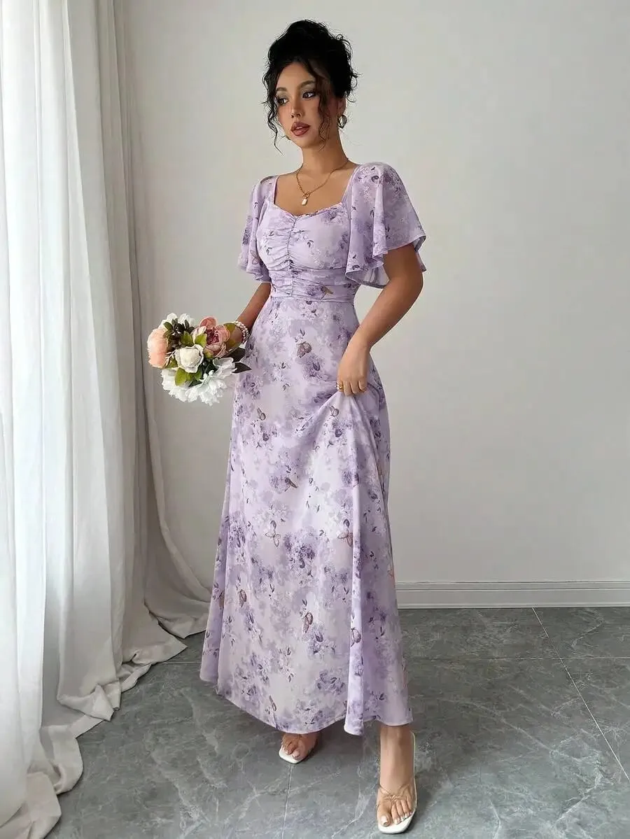 Women's Sweet French Style Mini Dress with Purple Butterfly Print Batwing Sleeves & Back Zipper