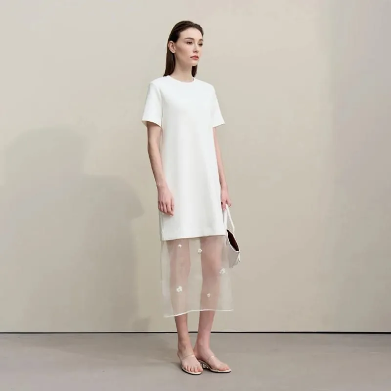 Amii Long Dresses 2026 Autumn New Round Neck Short Sleeve Patchwork Women's Dress Removable Organza Elegant Dress Women 12651024