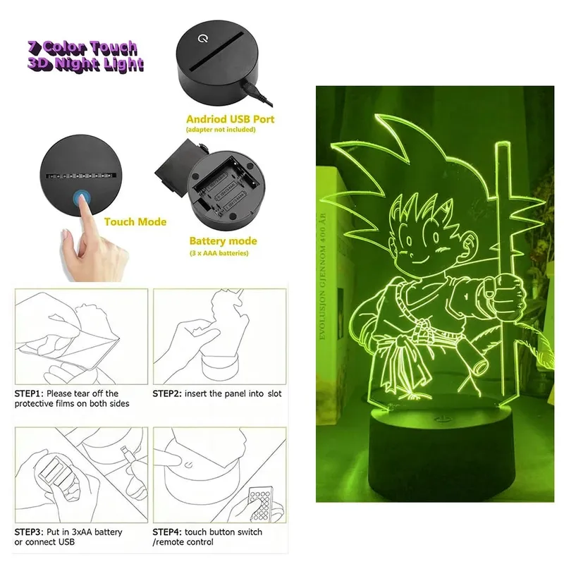 Dragon Ball Z Anime Figures Goku Vegeta Gohan Broly 3D Lamp PVC Action Figures Toys for Children Trunks Buu Super Saiyan Gifts