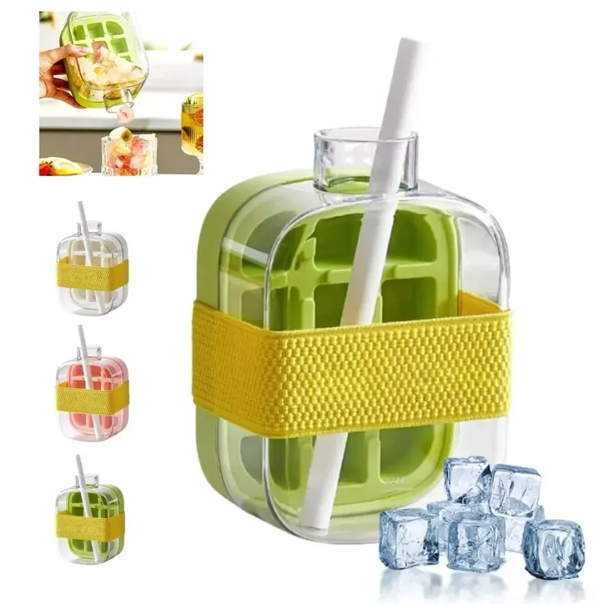 Ice Cube Bottle with Straw 2 In 1 Touch-Free Push-Type Ice Cube Making Bottle Easy Release Water Bottle Ice Mold — image 2