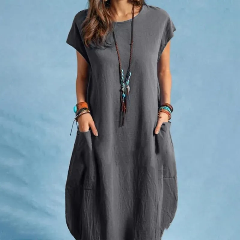 Summer Casual Cotton Dress for Woman O-Neck Short Cap Sleeve Loose Cotton Knee-Length Dress Vacation Day Wear Robes Femme