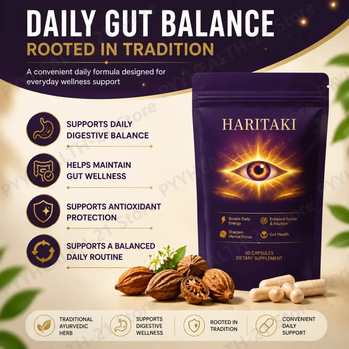 Haritaki 3rd Eye Supplement 500mg Supports Digestive Balance Gut Health Regular Elimination Daily Antioxidant Protection 60 Ct