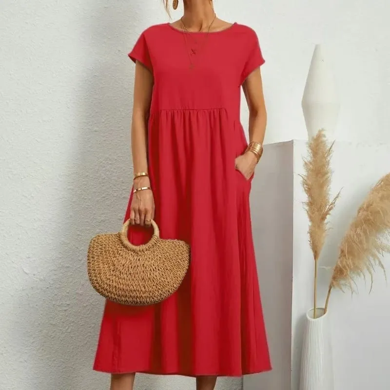 Premium Elegant Solid Cotton Linen Dress Summer Midi with Pockets Loose Fit Casual Crew Neck Short Sleeve for Beach Travel