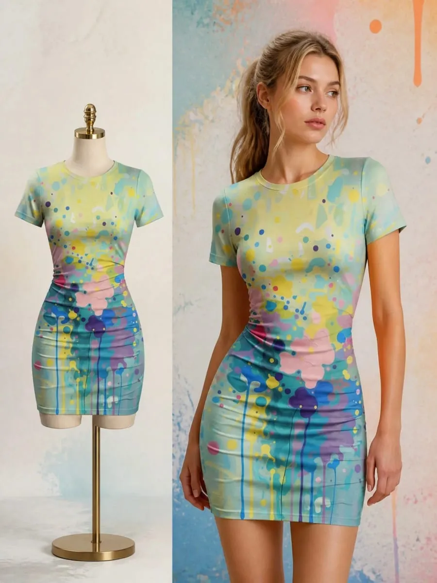 Womens Short Sleeve Bodycon Mini Dress Slim Fit Crew Neck Floral Print Casual Summer Party Cute Elegant Summer Vacation Sundress