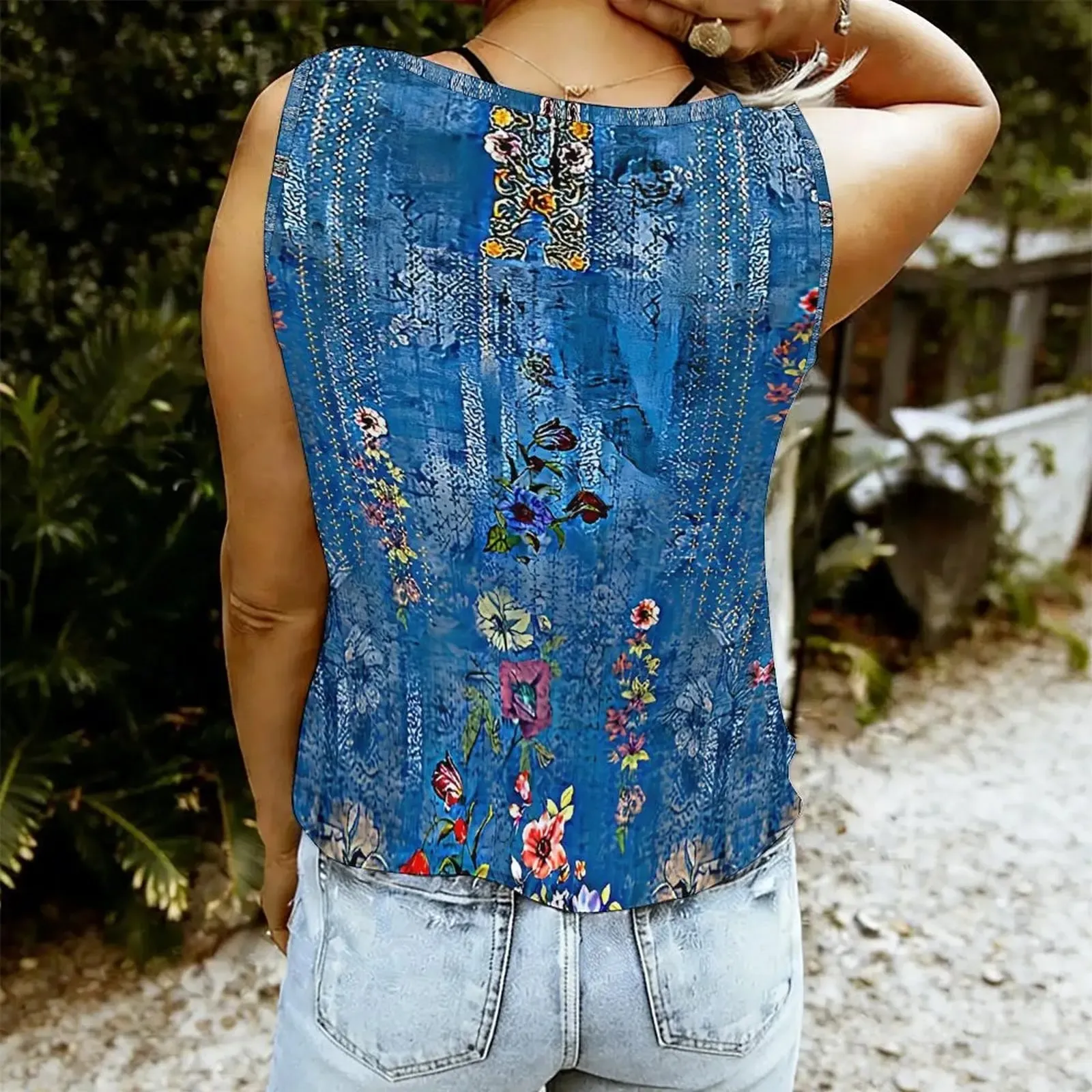 Women's Retro Elegant Tops Daily Street Wear Sexy V-Neck T-Shirt Print Sleeveless Tee Casual Vest