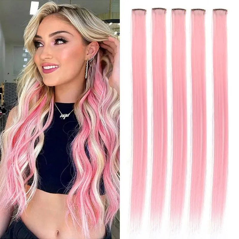 5 Pieces of Colorful Hair Clips 24 Inch Long Straight Fake Hair Clips Combined for Christmas Fashion Wig Pieces