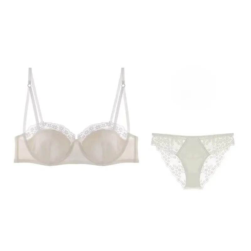 Sexy French Lace Gathered Cup Bra Set Semi Cup Design For Petite Women Lightweight Breathable Comfort Lingerie Set Sizes 32-38