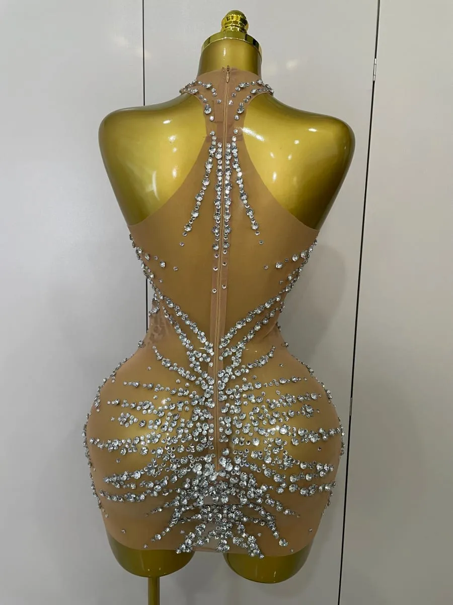 Funkelnde Strasssteine ​​Sexy Mesh Durchsichtiges Kleid Party Abend Abschlussball Feiern Geburtstagskleid Sänger Tänzer Show Bühnenkleidung