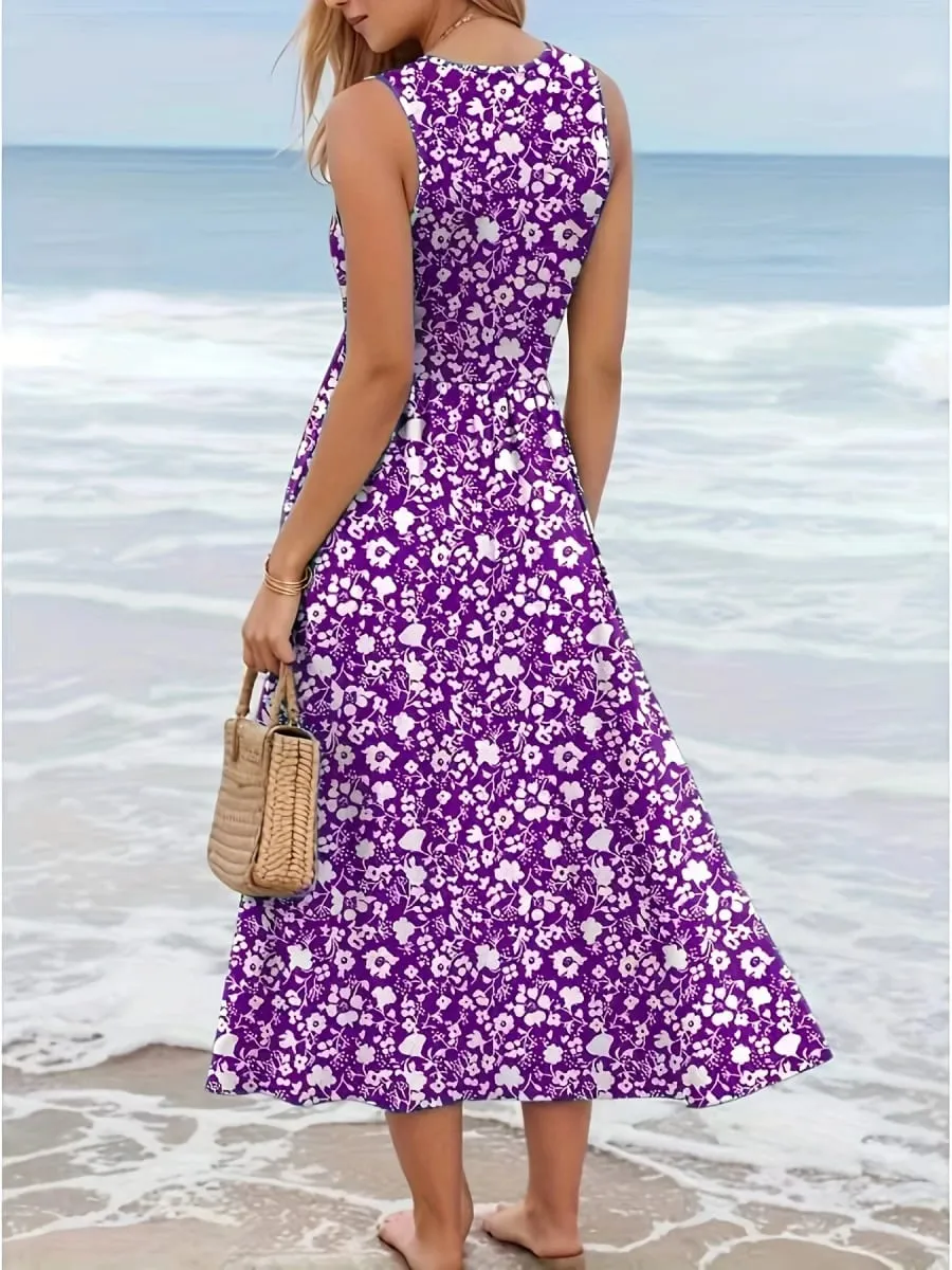 Women Summer Sleeveless Floral Midi Dress U Neck Casual Beach Sundress Boho Print Flowy Long Dress Holiday Vacation Ladies Vest