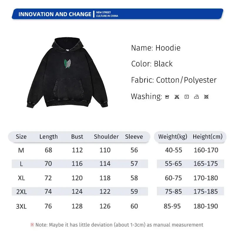 Anime Levi Hoodies Vintage Washed A-Attack on Titan Hoodie Casual Manga Yeager Eren Kapuzenpullover Titan Attack Pullover
