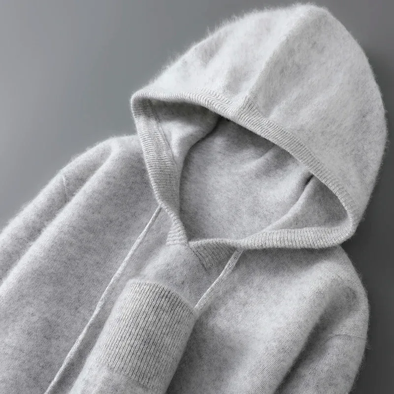 DjzDsm Autumn Winter Men's Sweater 100% Merino Wool Thick Hooded Pullover Soft Knitwear Casual Comfort Wool Clothing Tops