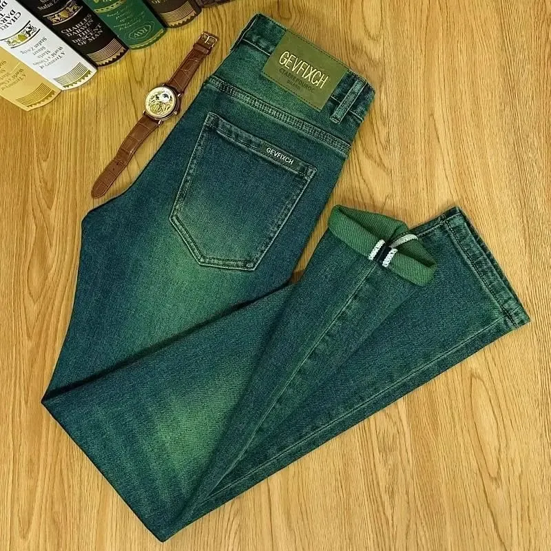High Quality Emerald Green Slim Fit Men's Jeans Retro Fashion Washed out Casual Straight Leg Youthful Style Chinese Production