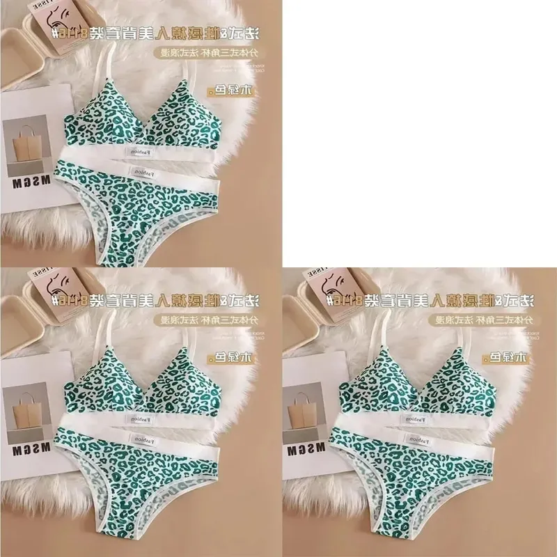 1/3Pcs Seamless Bra Set Low Waist Panties Leopard Bralette Sexy Lingerie Set Vneck Sport Brassiere Female Cotton Underwear