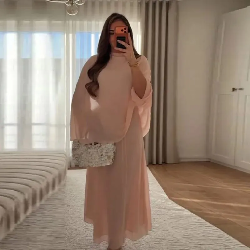 Women's Fashion Pink High Neck Cape Dress Elegant Loose Long Sleeve Flowy Maxi Dress 2026 Spring NEW Lady Evening Party Outfit