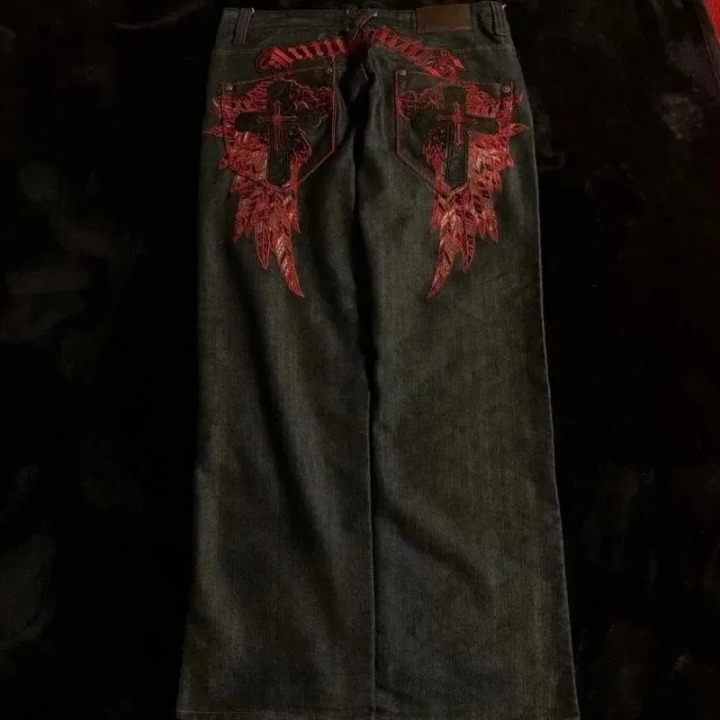 American Retro Y2K High Street Gothic Embroidered Men Black Red Pattern High Waist Jeans Street Couple Casual Pants