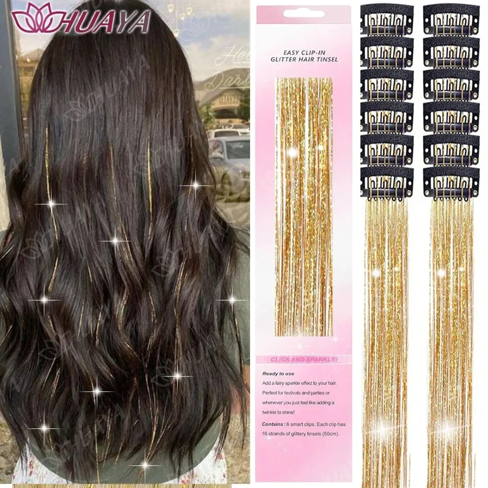 12Pcs/set Hair Tinsel Clip in Glitter Tinsel Hair Extensions Synthetic Shiny Sparkling Fairy Hair Tinsel Party Hair Accessories