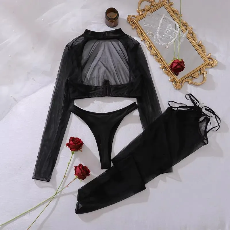 3PC Set Women's Sexy Ultra Hot Lingerie panties sets See Through Long Sleeve Top Brief with Stockings bra and panties underwear