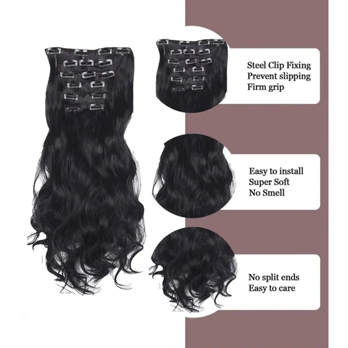 Synthetic Long Wavy Hair Extensions 24 Inch Clip in Fiber Double Weft Thick Hairpieces for Women Party Daily Cosplay Styling