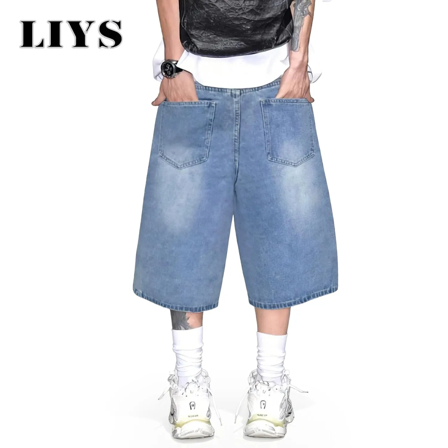 Men's Simple Light Blue Retro Ultra Baggy Wide-Leg Denim Shorts Student Youth Street Casual Oversized Baggy Jeans Unisex