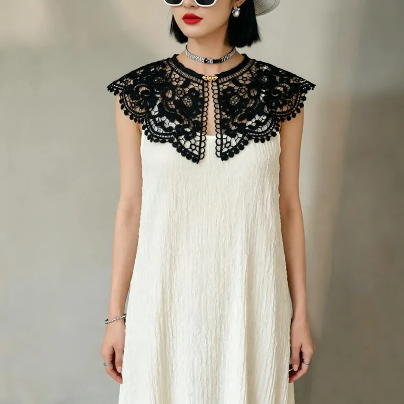 Pleated Sleeveless Elastic Long Dresses Women Vintage Palace Style Womens Black White Doll Fake Collar Soft Midi Dress Clothing