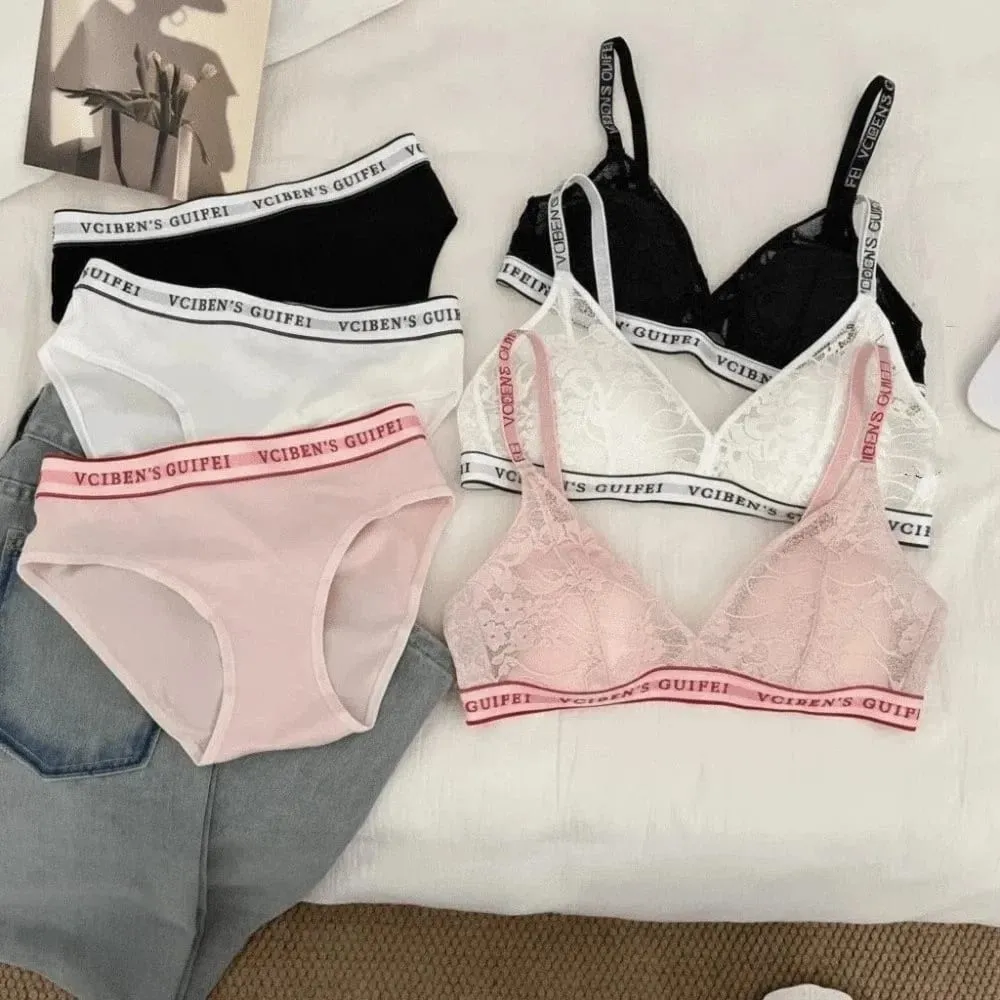 Bra Suit Letter Design Lingerie Set Deep V Wireless Women Underwear Suit Color Blocking Lace Bra Panties Set Girl