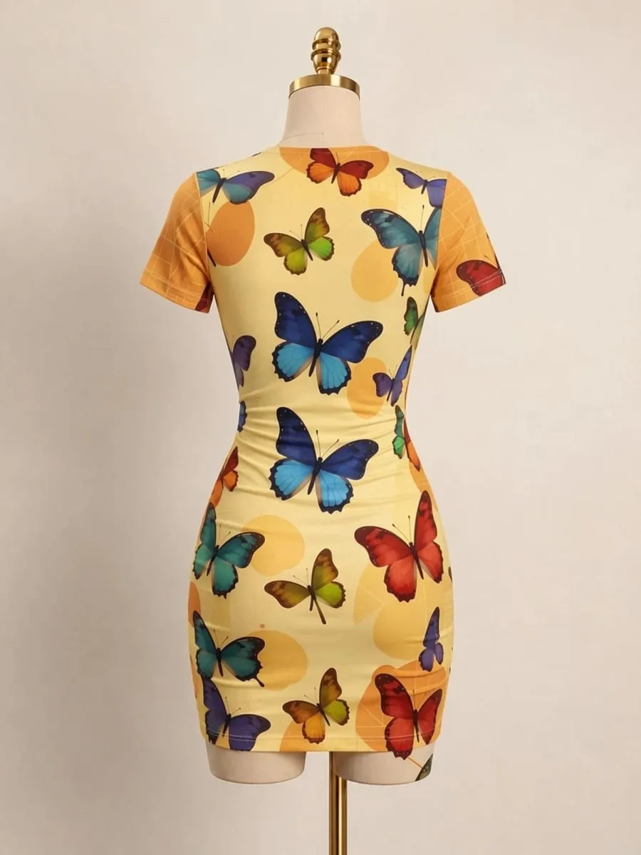 Kortærmet Dame Bodycon Minikjole Slim Fit Rundhals Blomsterprint Afslappet sommerfest Let flatterende festsolkjole