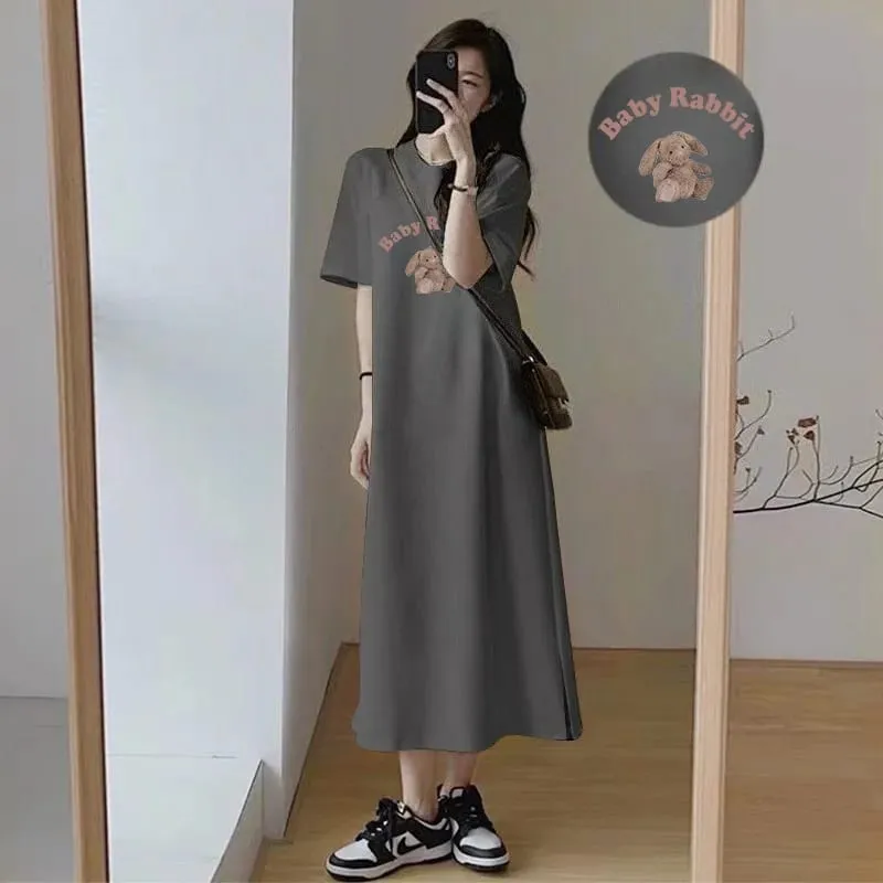 Kawaii Cartoon Rabbit Printed Long Tee Dress Women Loose Short Sleeve Nightdress Soft Breathable Daily Home Wear Pajama Dress