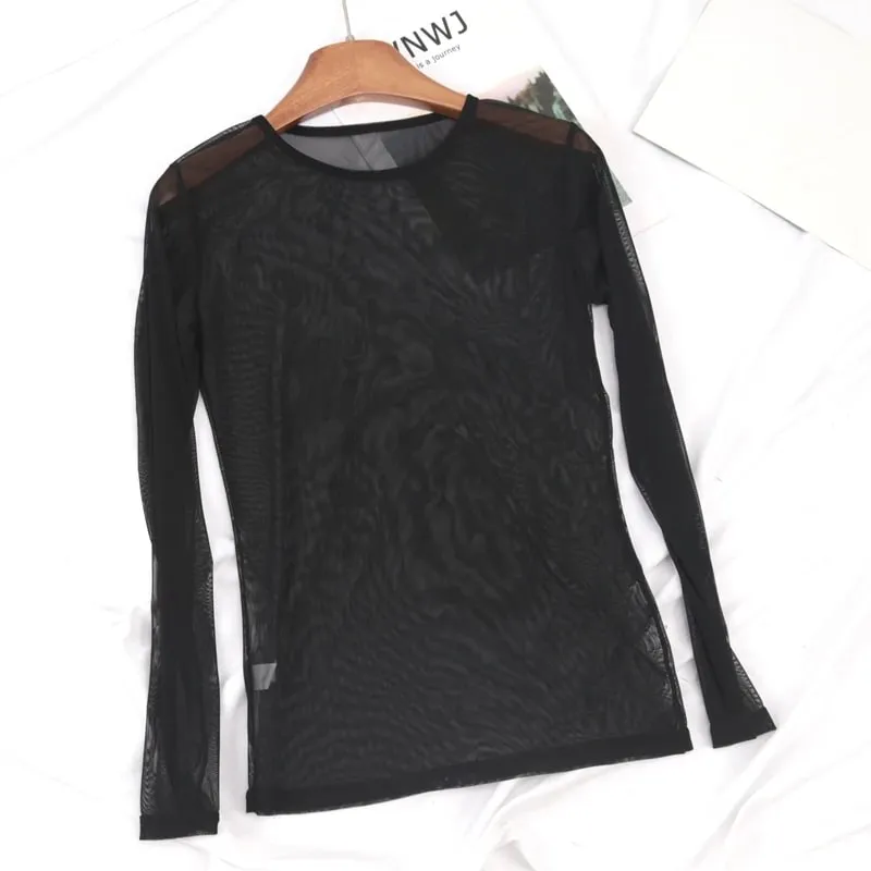 Sexy Women Long Sleeve T-shirt Casual Crew Neck See-through Slim Fit Sheer Tops Tees Y2k Club Streetwear