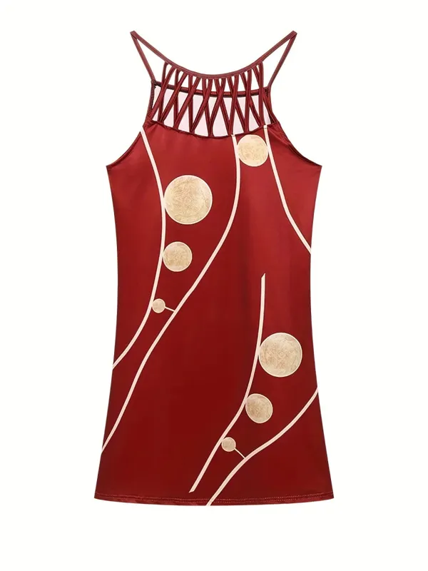 2026 New Spring and Summer National Wind Positioning Printing Mesh Belt Sleeveless Casual Dress