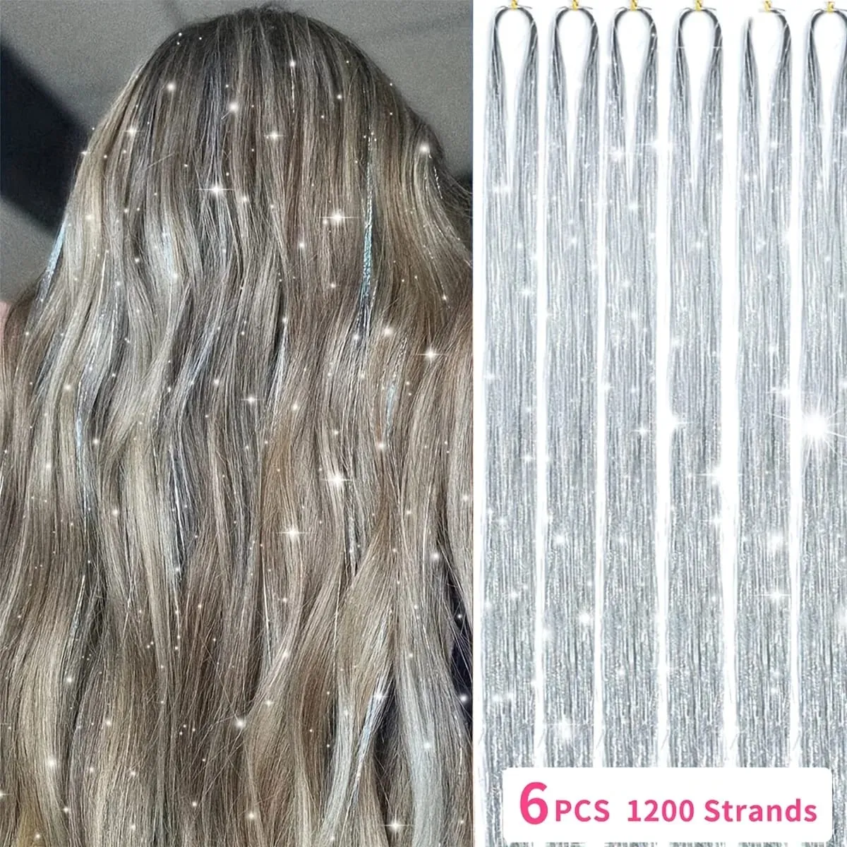 6pcs 22inch Colorful Glitter Tinsel Hair Extensions Fairy Hair Extension Hair Extension Tinsel Glitter Hair Synthetic Extensions