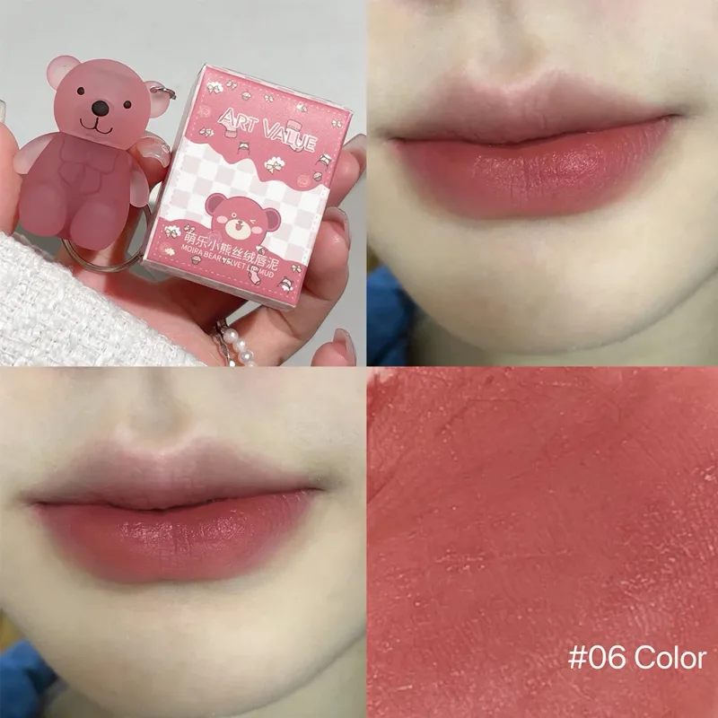 ART VALUE lindo oso labio barro llavero mate desnudo rojo brillo de labios taza antiadherente lápiz labial impermeable brillo de labios de larga duración cosméticos