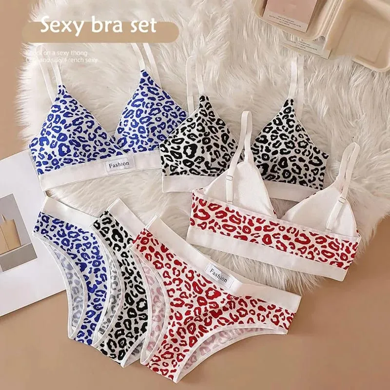 Women Seamless Bra Set Sexy Lingerie Low Waist Panties Leopard Bralette Set Vneck Sport Brassiere Female Cotton Underwear Set