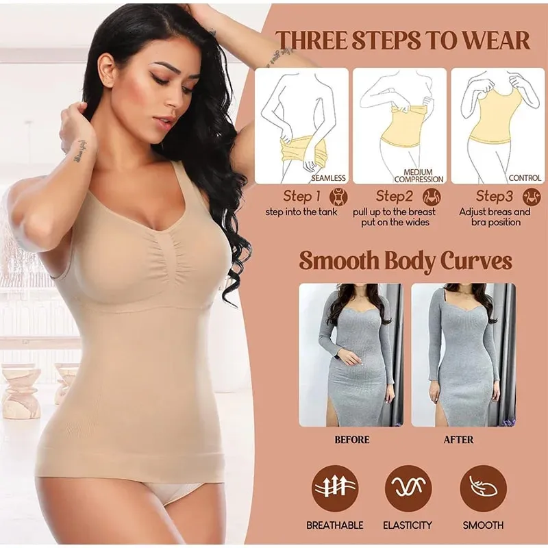 Women Tummy Control Shapewear Classic 2-IN-1 With Padded Bra High Elastic Vest Body Shaper Up Lift Corset Cami Tank Tops 3Colors