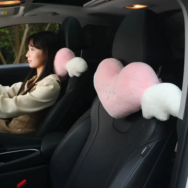 Cute Heart Angel Wings Car Neck Pillow Soft Plush Auto Headrest Pillow Universal Car Seat Head Support Cushion Decor Gift
