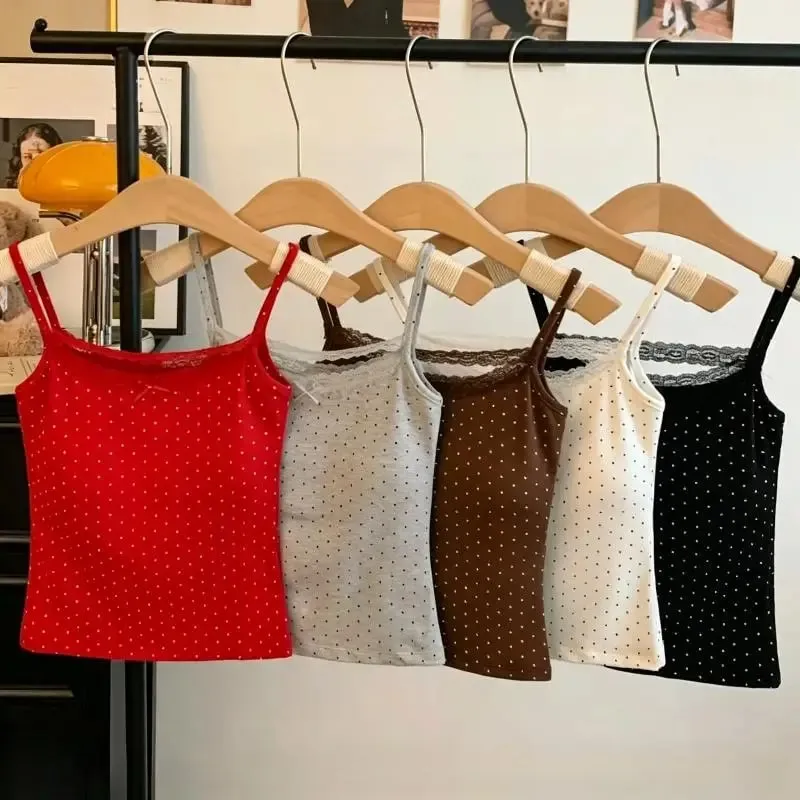 Women Summer Polka Dot Tank Tops Sweet Lace Edge Built-in Bra Pads Backless Slim Fit Camis for Travel Daily Wear