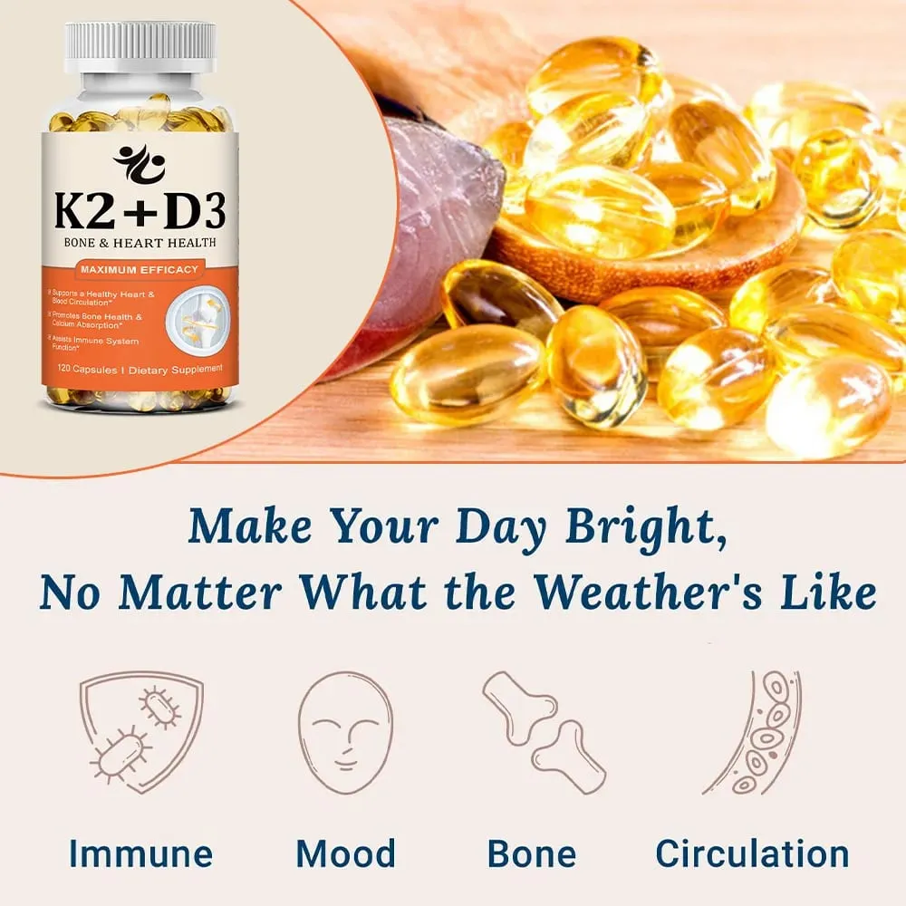 Vitamin D3 5000 IU + K2 MK-7 100mcg Capsules Support Nutrient Absorption Metabolism Bone Heart Health & Immune System — image 3