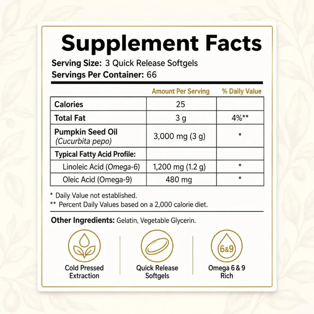 Cold Pressed Pumpkin Seed Oil Softgels 3000mg Omega 6 & 9 Dietary Supplement for Men Women Wellness Quick Release 200 Count