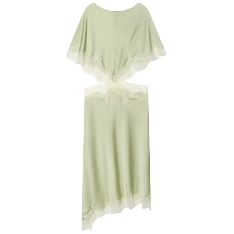 Asymmetric Satin Lace Dress Women's Dress Summer 2026 Sexy Midi O-Neck Batwing Short Sleeve Cut Out Vestidos Party Dresses