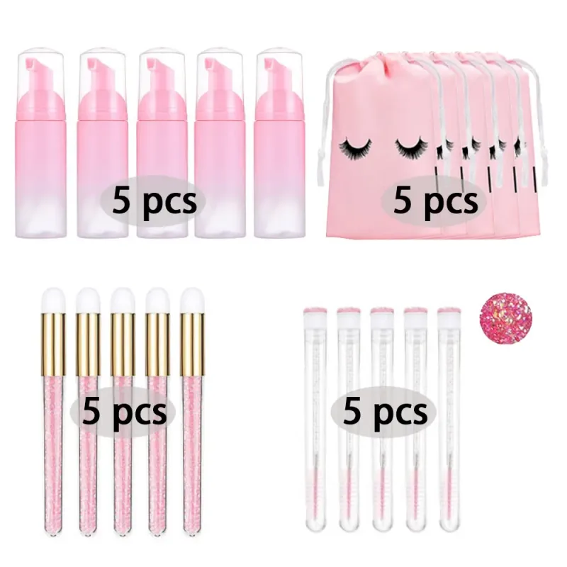 60ml Refillable Empty Plastic Pump Bottle Lash Extension Cleaning Kit Long Rod Brush Lash Curler Dust Tube EVA Storage Bag Tools